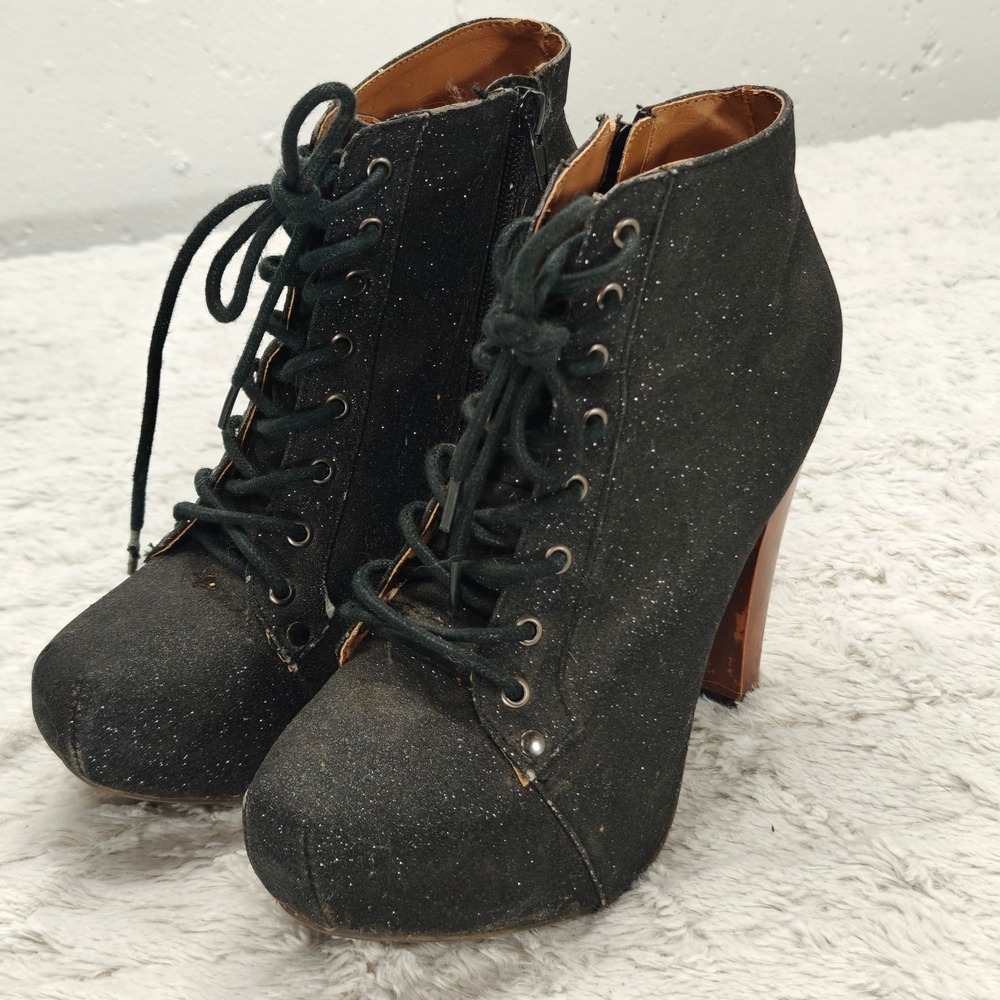 Qupid Puffin Black Glitter Lace Up‎ Platform Ankle Booties Whimsigoth Womens 6.5